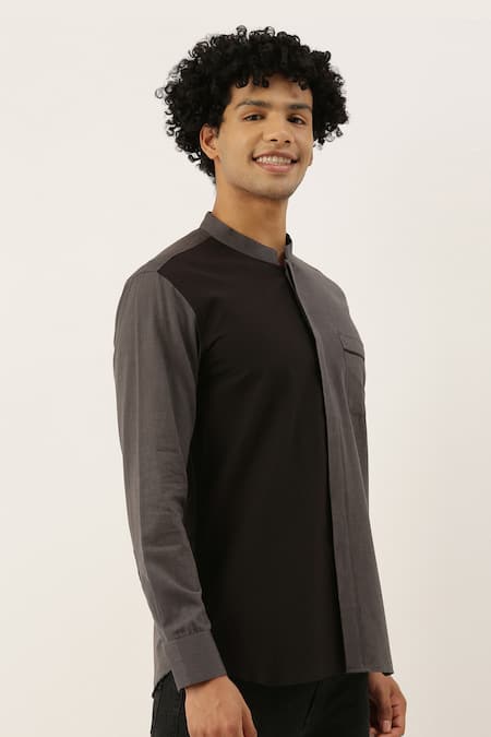 Mayank Modi - Men_Black Malai Cotton Colorblock Shirt _Online_at_Aza_Fashions