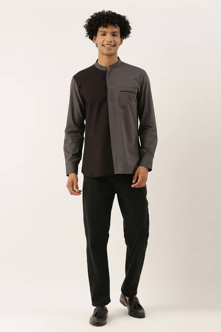 Buy_Mayank Modi - Men_Black Malai Cotton Colorblock Shirt _Online_at_Aza_Fashions