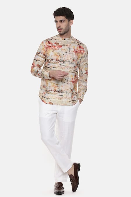 Mayank Modi - Men Beige 100% Linen Printed Abstract Shirt 