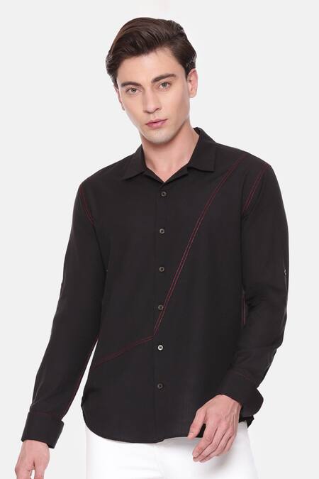 Mayank Modi - Men_Black Cotton Embroidery Malai Panelled Shirt _Online_at_Aza_Fashions