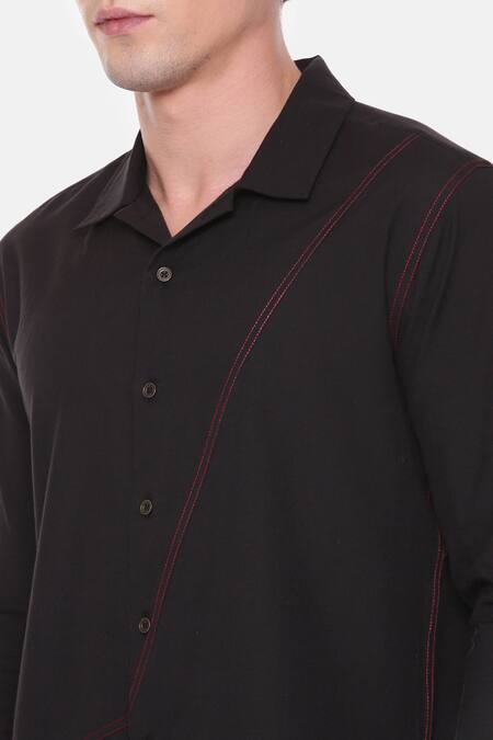 Mayank Modi - Men_Black Cotton Embroidery Malai Panelled Shirt _at_Aza_Fashions