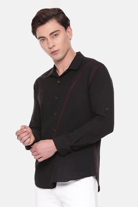 Buy_Mayank Modi - Men_Black Cotton Embroidery Malai Panelled Shirt _Online_at_Aza_Fashions