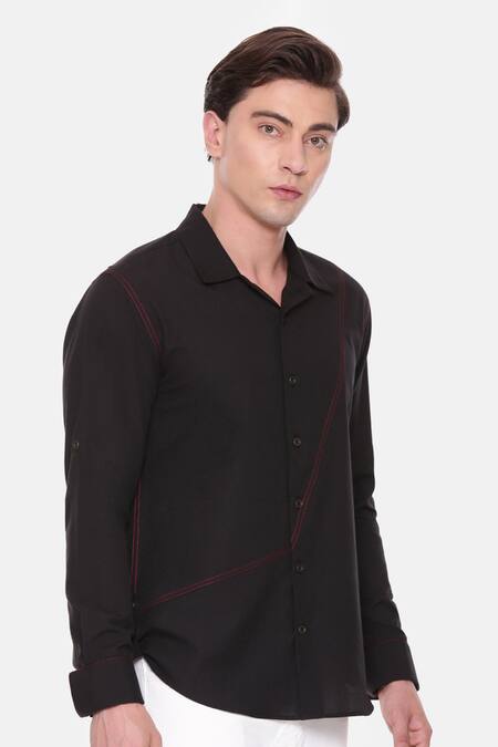 Shop_Mayank Modi - Men_Black Cotton Embroidery Malai Panelled Shirt _Online_at_Aza_Fashions