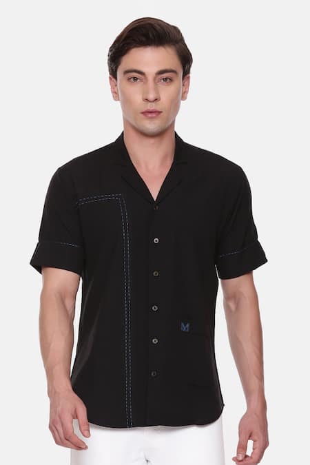 Mayank Modi - Men Black Cotton Short Sleeve Shirt Online at Aza Fashions Mayank Modi - Men_Black Cotton Short Sleeve Shirt _Online_at_Aza_Fashions