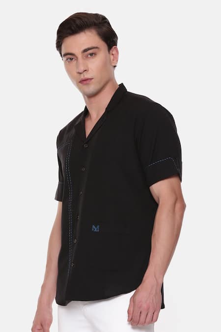 Shop Mayank Modi - Men Black Cotton Short Sleeve Shirt Online at Aza Fashions Shop_Mayank Modi - Men_Black Cotton Short Sleeve Shirt _Online_at_Aza_Fashions