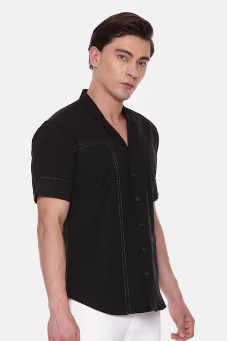 Mayank Modi - Men Black Cotton Short Sleeve Shirt at Aza Fashions Mayank Modi - Men_Black Cotton Short Sleeve Shirt _at_Aza_Fashions