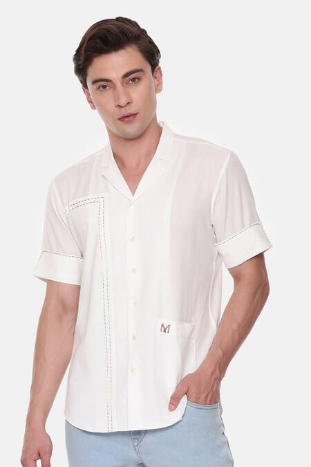 Mayank Modi - Men_White Cotton Short Sleeve Notched Collar Shirt _Online_at_Aza_Fashions