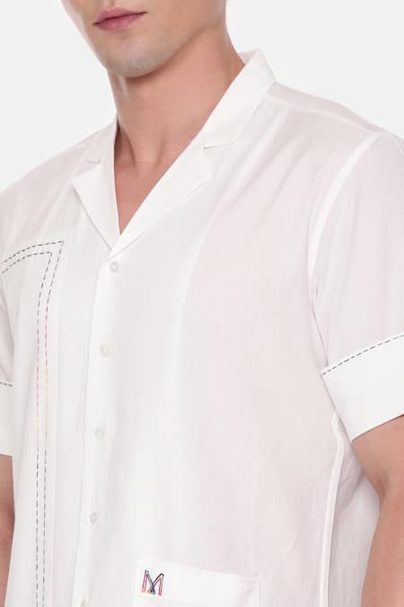 Buy_Mayank Modi - Men_White Cotton Short Sleeve Notched Collar Shirt _Online_at_Aza_Fashions