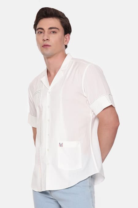Shop_Mayank Modi - Men_White Cotton Short Sleeve Notched Collar Shirt _Online_at_Aza_Fashions