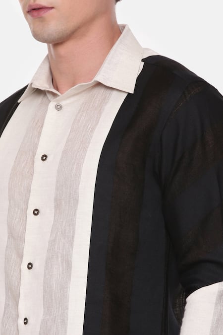 Mayank Modi - Men_Beige 100% Linen Striped Shirt _at_Aza_Fashions