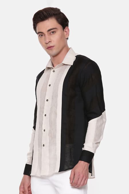 Buy_Mayank Modi - Men_Beige 100% Linen Striped Shirt _Online_at_Aza_Fashions