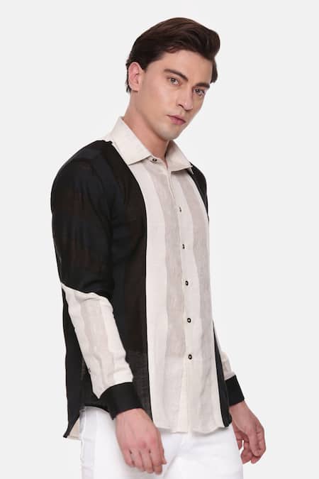 Shop_Mayank Modi - Men_Beige 100% Linen Striped Shirt _Online_at_Aza_Fashions