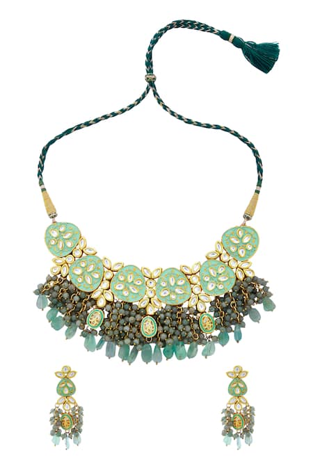 Minaki Gold Plated Stone, Meenakari, Kundan, Bead Choker Set