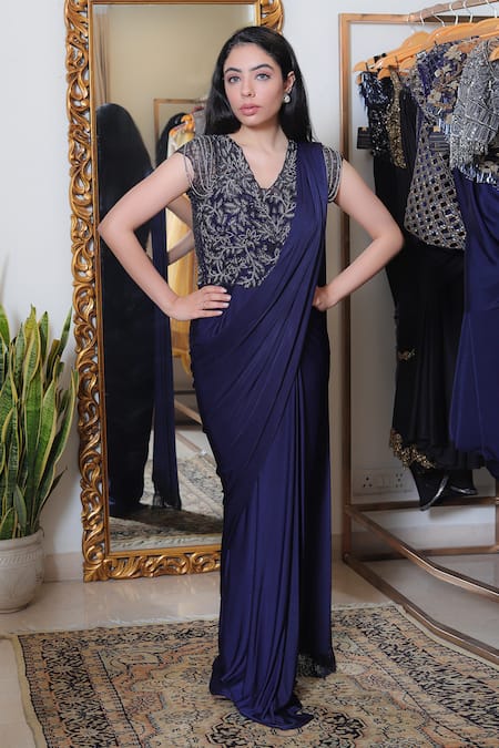 Buy Blue Lycra Embroidery Round Pre-draped Saree Gown For Women by Devika  Seth Online at Aza Fashions.