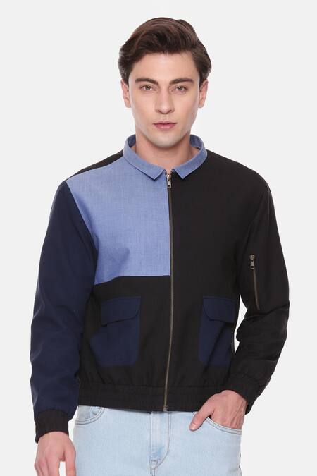 Shop_Mayank Modi - Men_Black Malai Cotton Colorblock Bomber Jacket _Online_at_Aza_Fashions