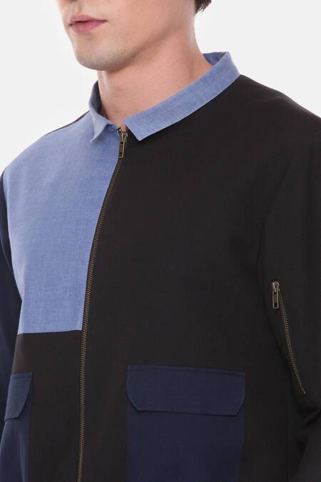 Mayank Modi - Men_Black Malai Cotton Colorblock Bomber Jacket _at_Aza_Fashions