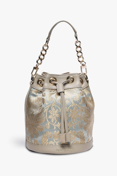 Shop Tan & Loom Green Woven Bombay Brocade Floral Pattern Bucket Bag at Aza Fashions Shop_Tan & Loom_Green Woven Bombay Brocade Floral Pattern Bucket Bag _at_Aza_Fashions