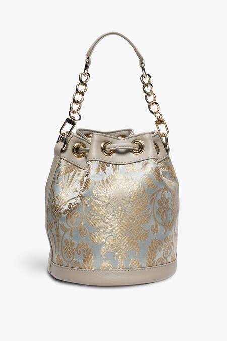 Tan & Loom Green Woven Bombay Brocade Floral Pattern Bucket Bag Online at Aza Fashions Tan & Loom_Green Woven Bombay Brocade Floral Pattern Bucket Bag _Online_at_Aza_Fashions