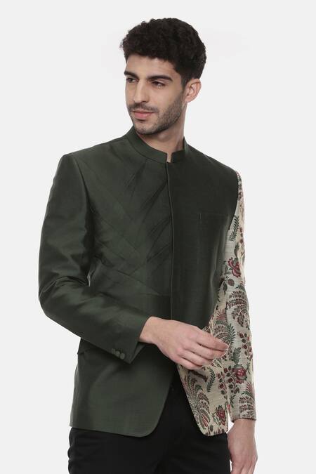 Mayank Modi - Men_Green Silk, Chanderi Embroidery Printed Bandhgala For Kids_Online_at_Aza_Fashions