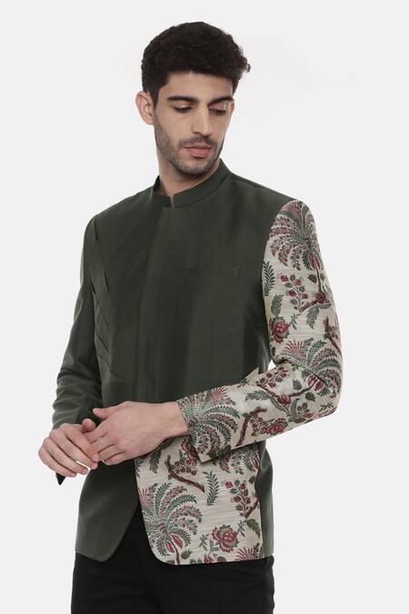 Buy_Mayank Modi - Men_Green Silk, Chanderi Embroidery Printed Bandhgala For Kids_Online_at_Aza_Fashions