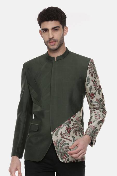 Shop_Mayank Modi - Men_Green Silk, Chanderi Embroidery Printed Bandhgala For Kids_Online_at_Aza_Fashions