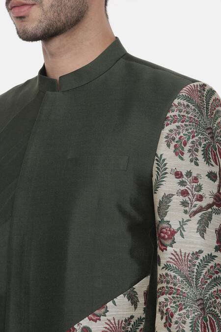 Mayank Modi - Men_Green Silk, Chanderi Embroidery Printed Bandhgala For Kids_at_Aza_Fashions