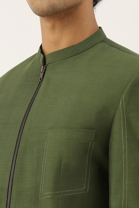 Shop_Mayank Modi - Men_Green Cotton, Silk Bandhgala For Kids_Online_at_Aza_Fashions