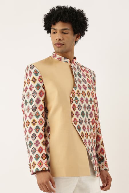 Mayank Modi - Men_Beige Cotton Printed Bandhgala For Kids_Online_at_Aza_Fashions