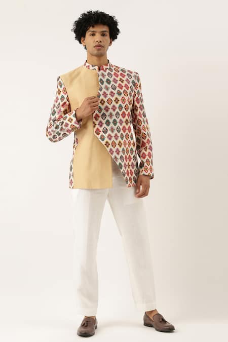 Buy_Mayank Modi - Men_Beige Cotton Printed Bandhgala For Kids_Online_at_Aza_Fashions