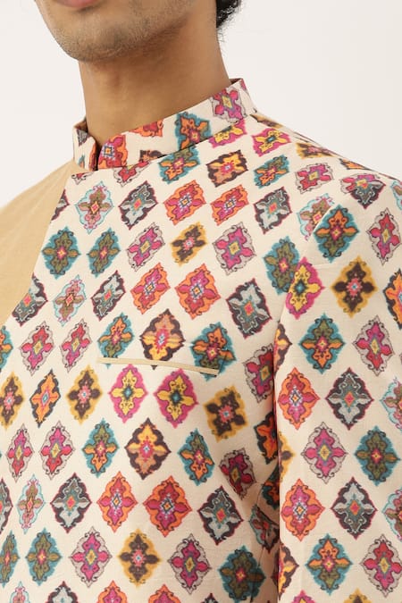 Shop_Mayank Modi - Men_Beige Cotton Printed Bandhgala For Kids_Online_at_Aza_Fashions