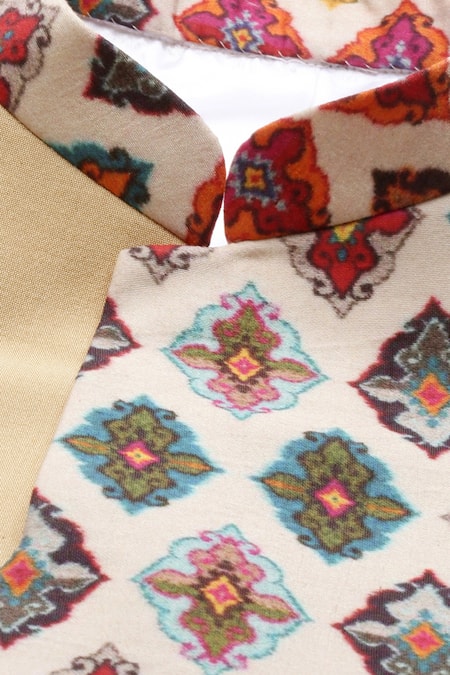 Mayank Modi - Men_Beige Cotton Printed Bandhgala For Kids_at_Aza_Fashions