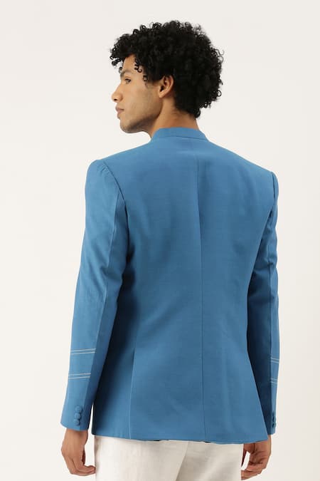 Shop_Mayank Modi - Men_Blue Chanderi Silk Bandhgala _at_Aza_Fashions