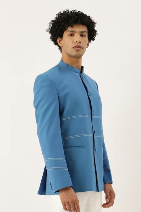 Mayank Modi - Men_Blue Chanderi Silk Bandhgala _Online_at_Aza_Fashions