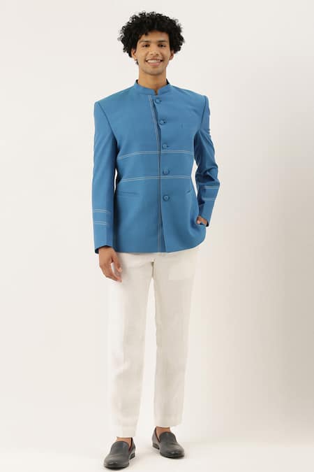 Buy_Mayank Modi - Men_Blue Chanderi Silk Bandhgala _Online_at_Aza_Fashions