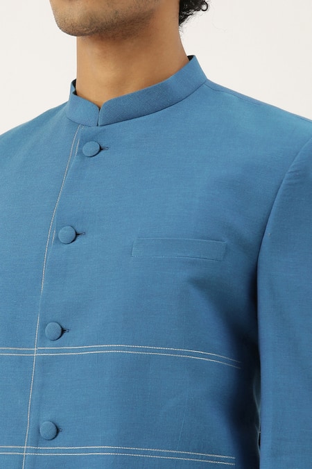 Shop_Mayank Modi - Men_Blue Chanderi Silk Bandhgala _Online_at_Aza_Fashions
