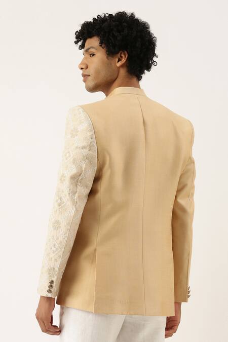 Shop_Mayank Modi - Men_Beige Silk Embroidered Bandhgala _at_Aza_Fashions