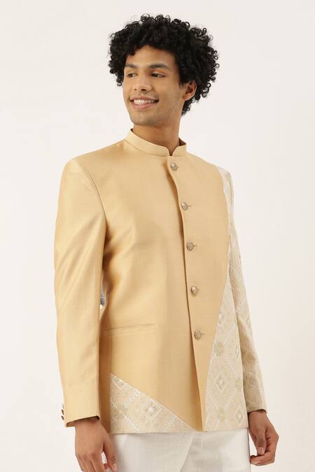 Mayank Modi - Men_Beige Silk Embroidered Bandhgala _Online_at_Aza_Fashions