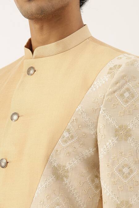 Shop_Mayank Modi - Men_Beige Silk Embroidered Bandhgala _Online_at_Aza_Fashions