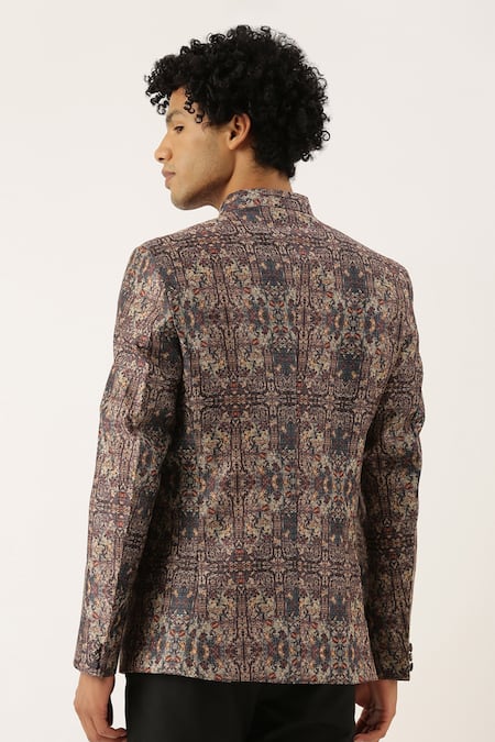 Shop_Mayank Modi - Men_Brown Chanderi Printed Blazer _at_Aza_Fashions