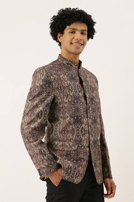 Mayank Modi - Men_Brown Chanderi Printed Blazer _Online_at_Aza_Fashions