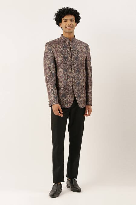 Buy_Mayank Modi - Men_Brown Chanderi Printed Blazer _Online_at_Aza_Fashions