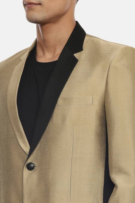 Mayank Modi - Men_Gold Silk, Cotton Colorblock Blazer For Kids_at_Aza_Fashions