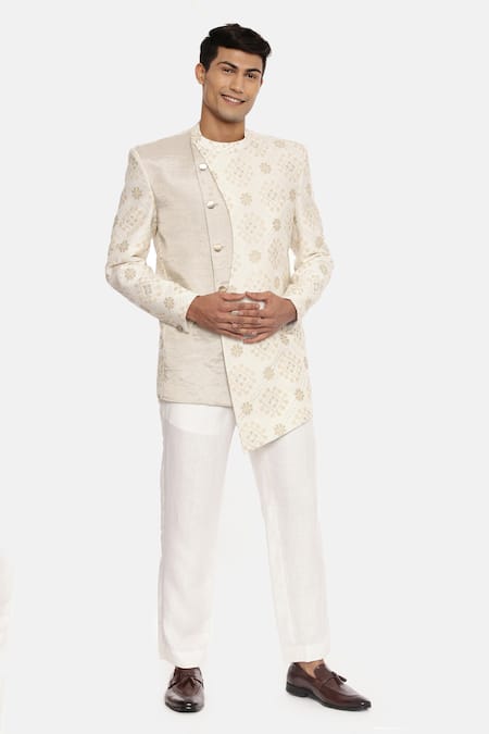 Mayank Modi - Men White Silk Tissue Embroidered Bandhgala 