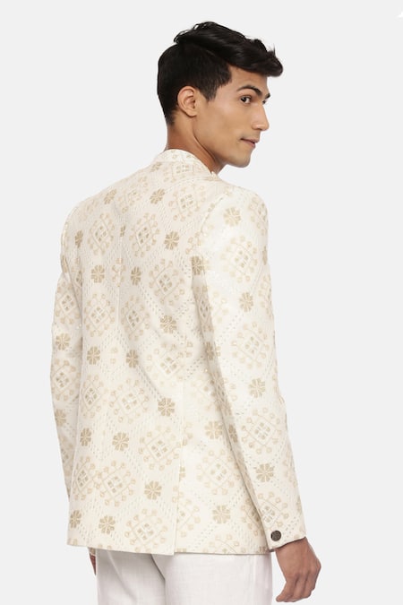 Shop_Mayank Modi - Men_White Silk Tissue Embroidered Bandhgala  _at_Aza_Fashions