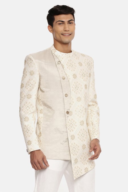 Mayank Modi - Men_White Silk Tissue Embroidered Bandhgala  _Online_at_Aza_Fashions