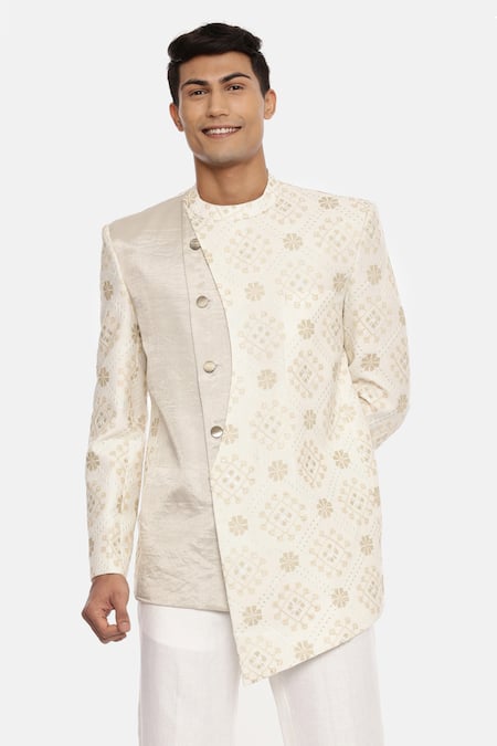 Shop_Mayank Modi - Men_White Silk Tissue Embroidered Bandhgala  _Online_at_Aza_Fashions