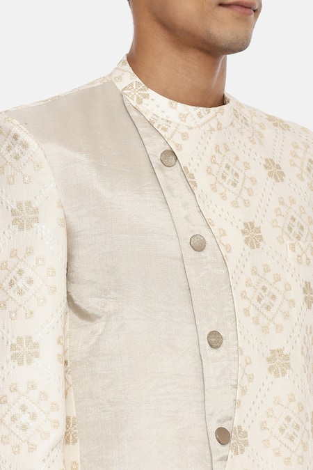 Mayank Modi - Men_White Silk Tissue Embroidered Bandhgala  _at_Aza_Fashions