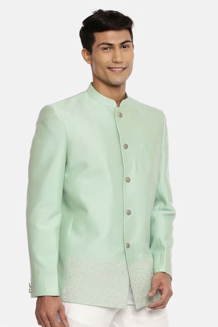 Mayank Modi - Men_Green Silk, Cotton Embroidery Bandhgala For Kids_Online_at_Aza_Fashions