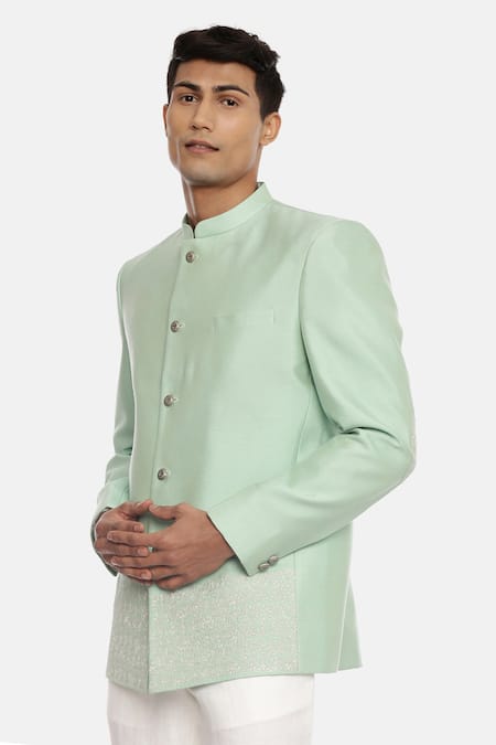 Buy_Mayank Modi - Men_Green Silk, Cotton Embroidery Bandhgala For Kids_Online_at_Aza_Fashions