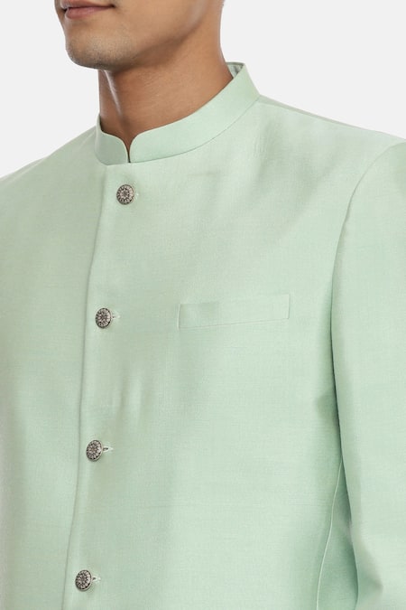 Mayank Modi - Men_Green Silk, Cotton Embroidery Bandhgala For Kids_at_Aza_Fashions